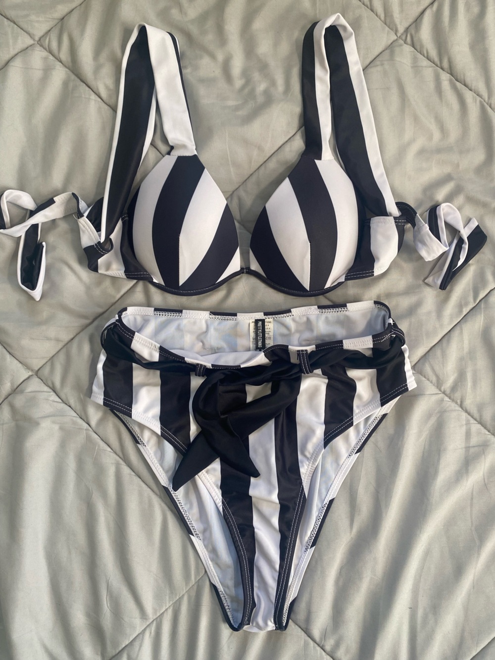PrettyLittleThing Black & White Striped Bikini Set